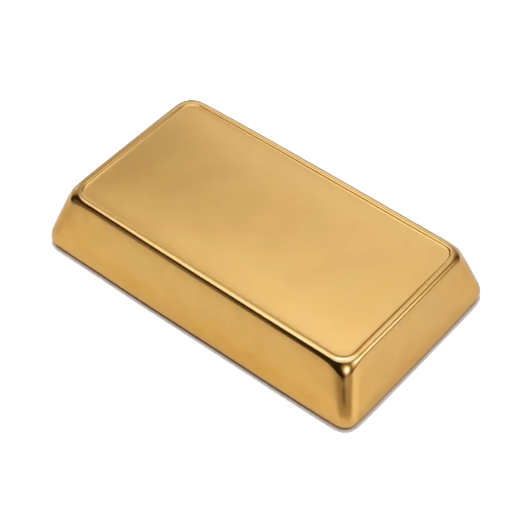 A gold bar, photographed against a plain ground.