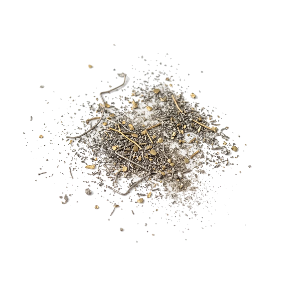 A loose scatter of fine grey metal filings and sweepings with small flecks of gold through it.