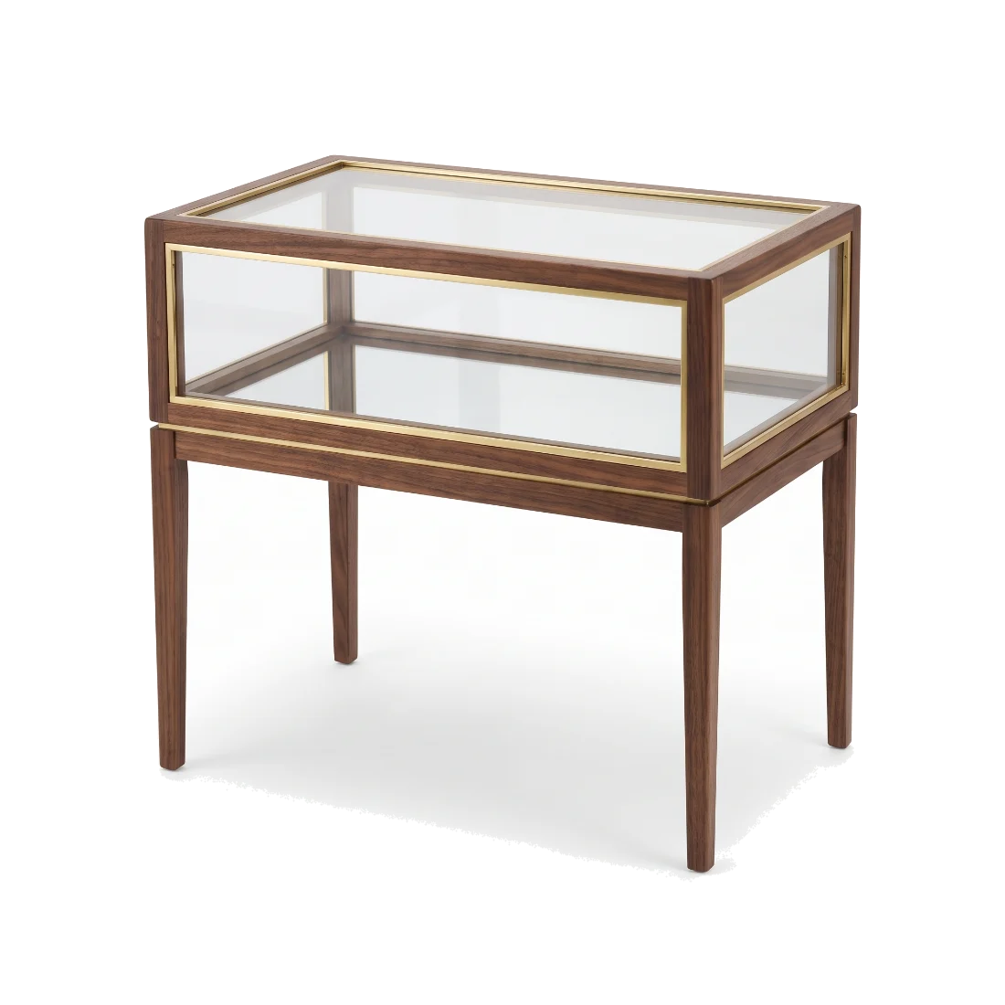 A small glass-topped jeweller's counter case with a dark wood frame and brass trim, empty.
