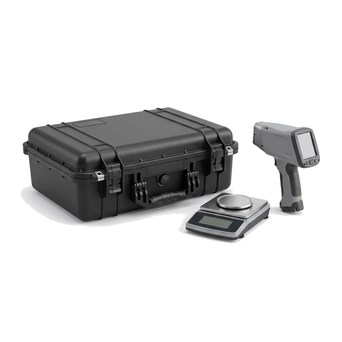 A closed black carry case beside a portable precision scale and an unbranded handheld XRF analyser.