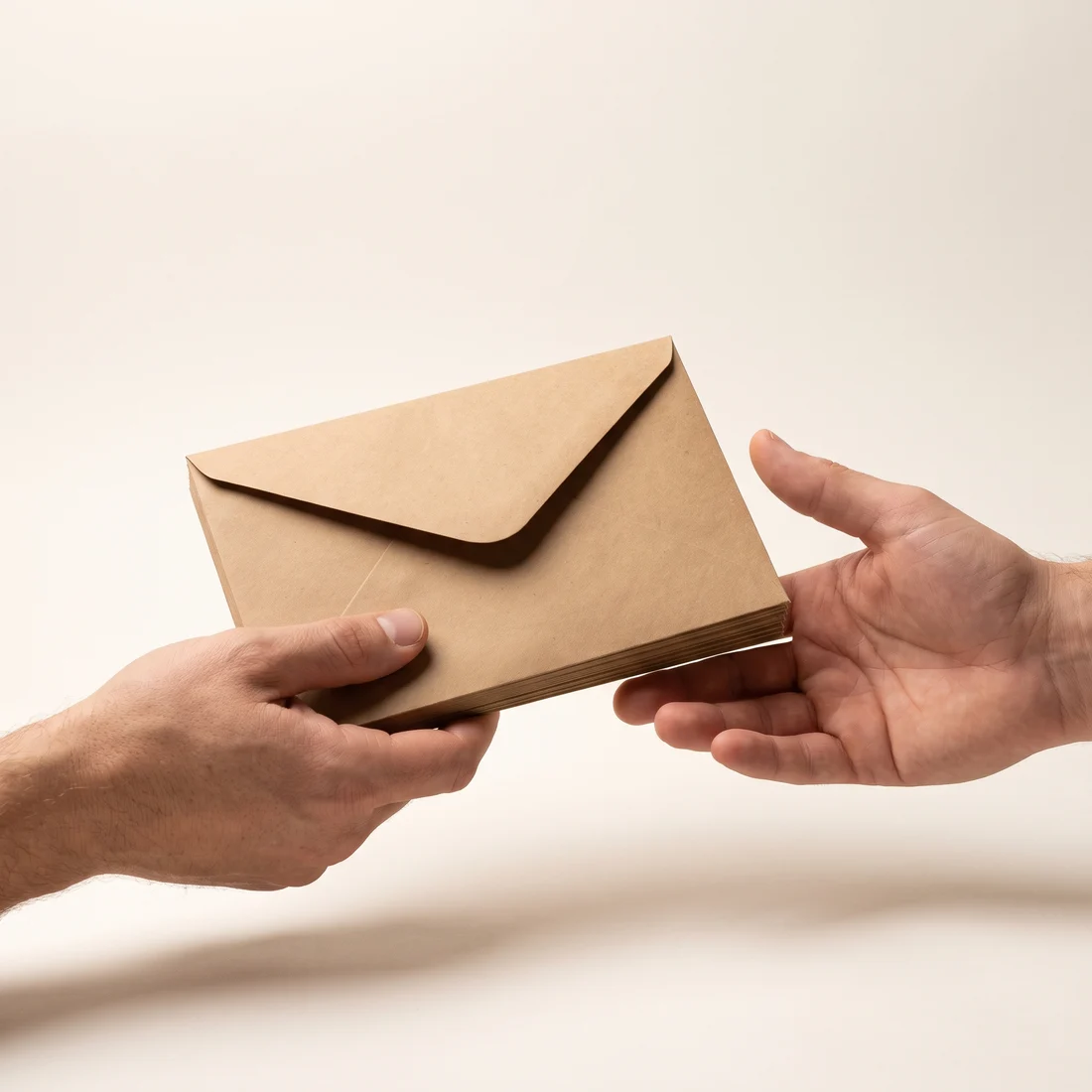 One hand passing a thick plain envelope into another.