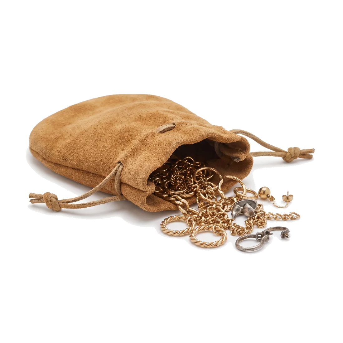 An open suede pouch on its side with broken gold and silver jewellery spilling out.