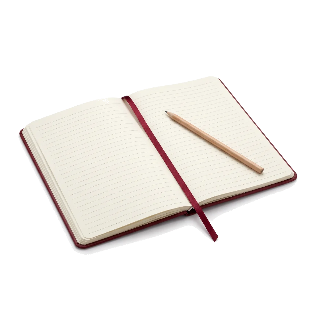 An open desk diary with blank ruled pages and a pencil lying across it.