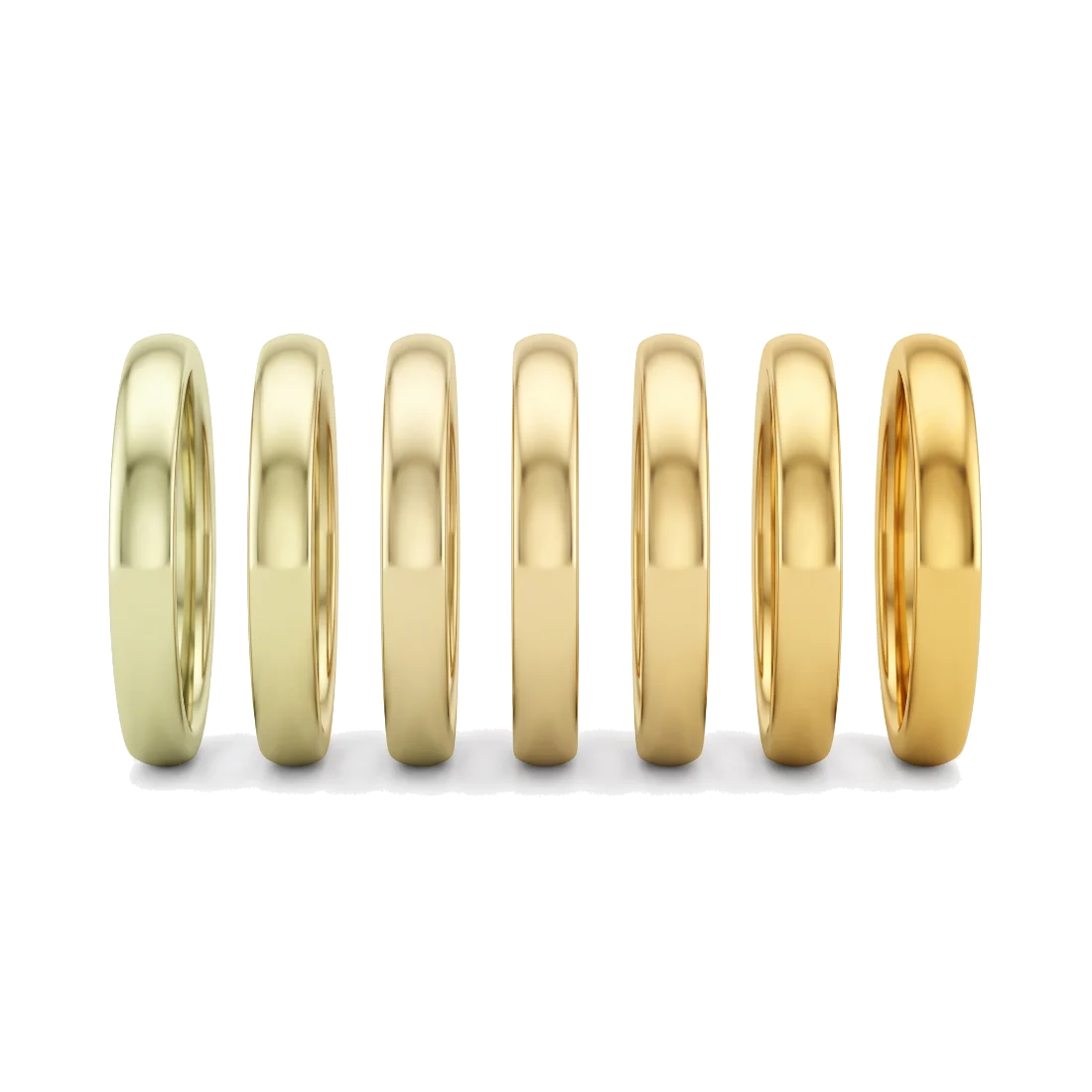Seven plain gold bands in a row, shading from pale yellow to deep yellow.