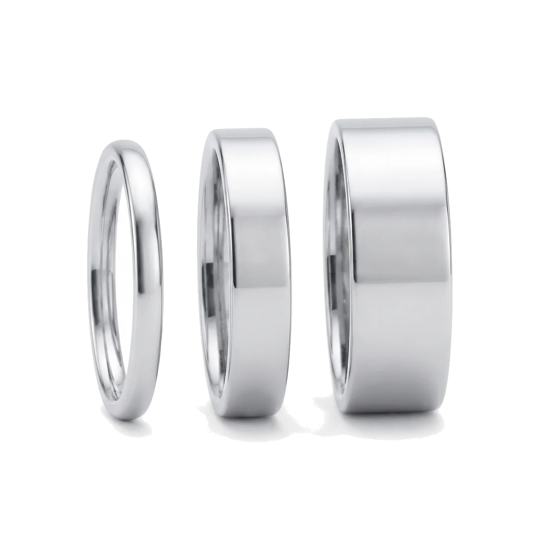 Three plain white metal bands of different widths standing side by side.
