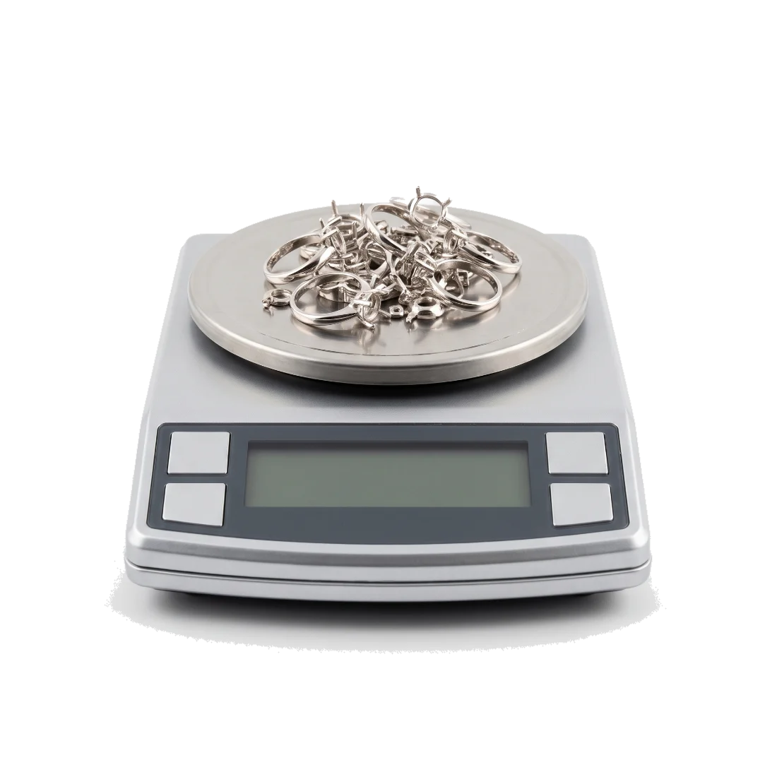 A precision scale with a small heap of white metal mounts and findings on its pan.
