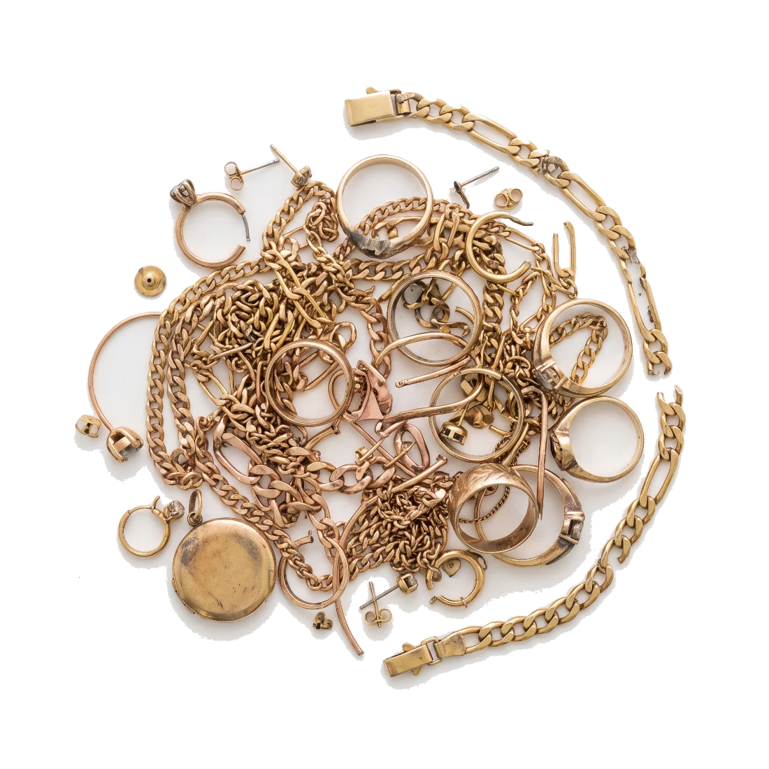 A heap of scrap gold jewellery.