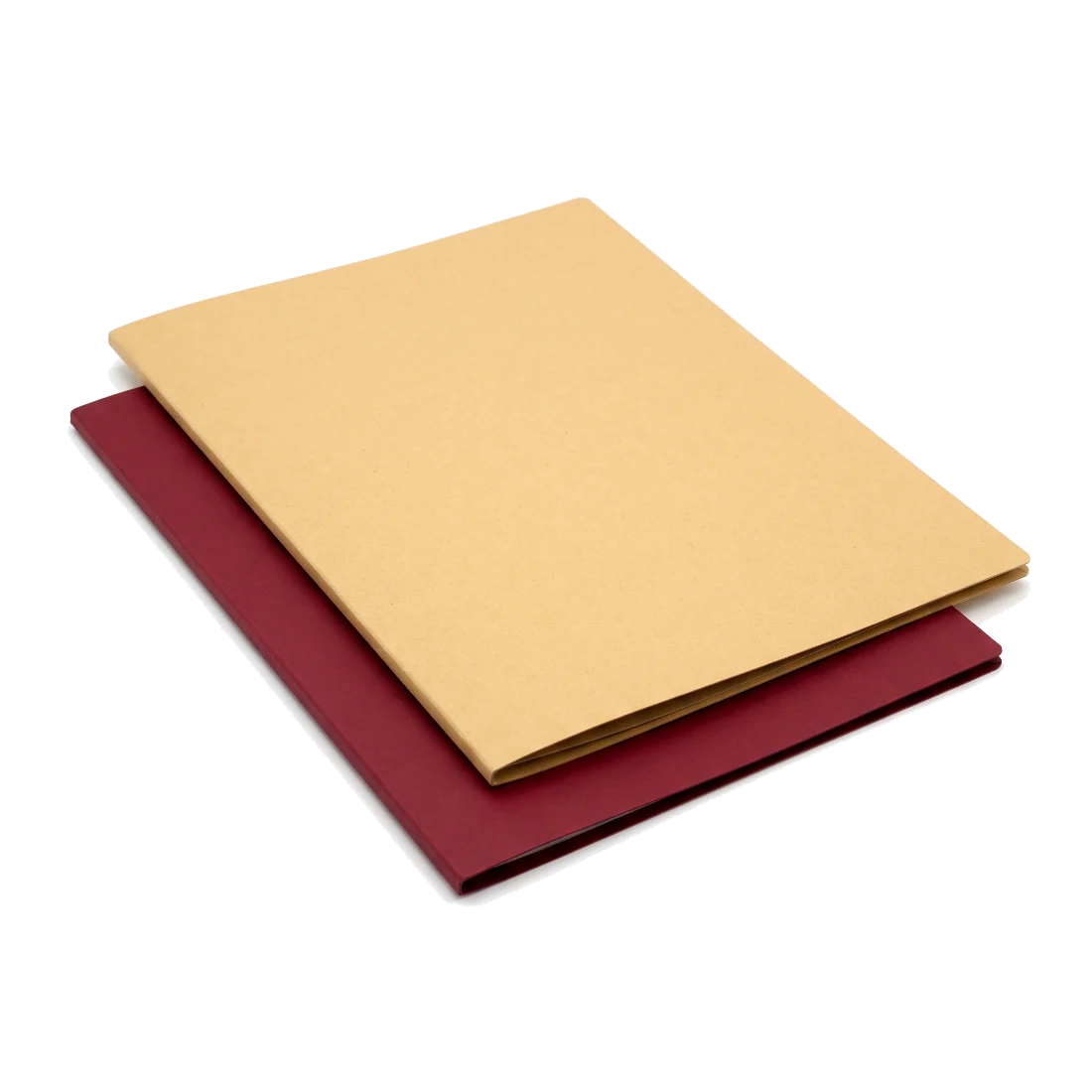 Two plain closed document folders, one buff and one oxblood, stacked slightly offset.